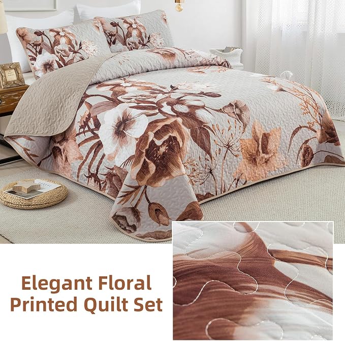 Khaki Floral Quilt Set Queen 3 Pieces Boho Flower Quilt Coverlet Set Soft - Image 4