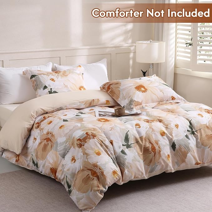 LONAVA King Flower 3 Pcs Duvet Cover Set, Breathable Soft Microfiber Biege - Image 2