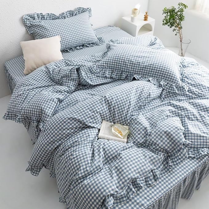 MKXI Blue and White Gingham Duvet Cover King Size, 3-Piece Bedding Set - Image 4