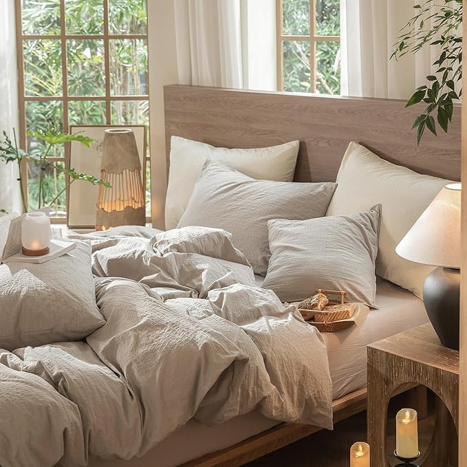 MooMee Wavy Striped Duvet Cover Set 100% Washed Cotton Linen Like Textured - Image 4