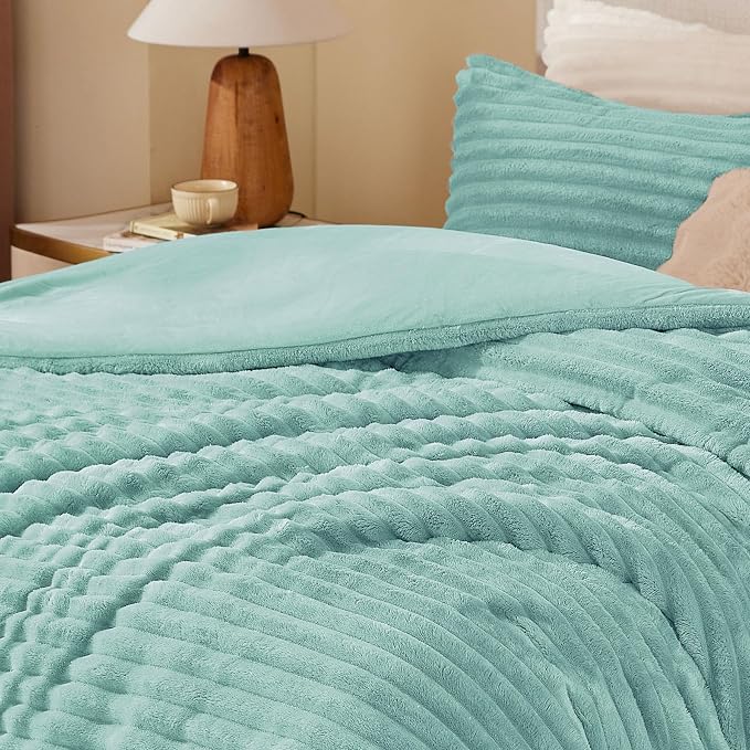 BEDELITE Fleece King Comforter Set -Super Soft & Warm Fluffy Haze Blue Bedding - Image 2