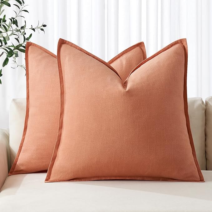 MIULEE Decorative Linen Pillow Covers 18x18 Inch Coral ​Boho Farmhouse​ by MIULEE