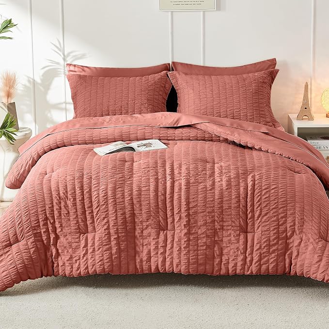 HYMOKEGE Coral Queen Comforter Set Seersucker 7 Pieces, All Season Luxury Bed - Image 9