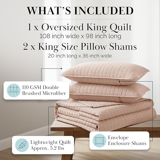 Southshore Fine Living, Inc. Oversized King Quilt Set, Stitched Blush Pink - Image 2
