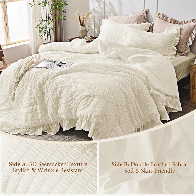 JOLLYVOGUE Ivory King Comforter Set, 3 Pieces Seersucker Comforters King Size - Image 5