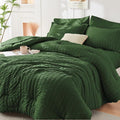 HYMOKEGE Dark Green Twin Comforter Set Seersucker 5 Pieces, All Season Luxury by HYMOKEGE