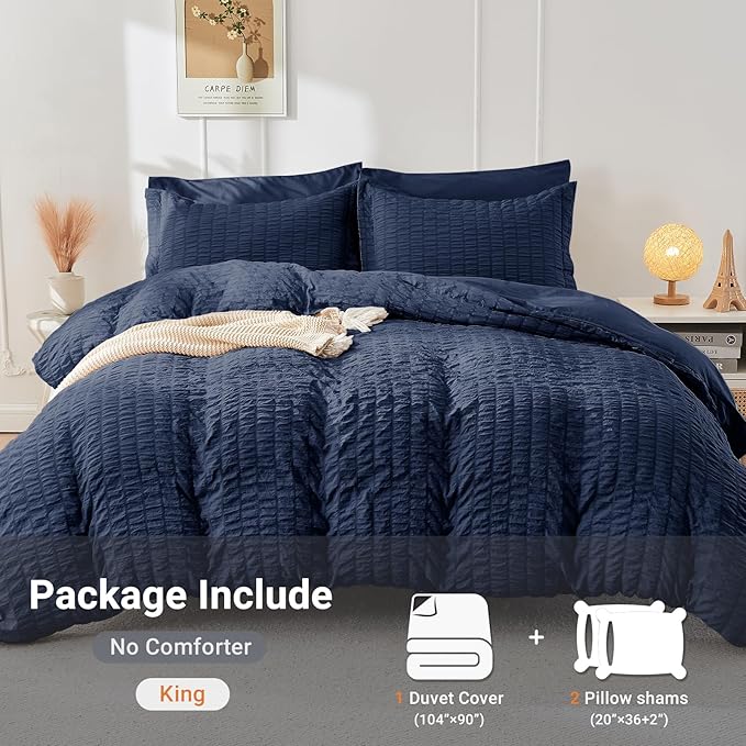 HYMOKEGE Navy Blue Duvet Cover King Size, Ultra Soft 3-Piece Seersucker Duvet - Image 5
