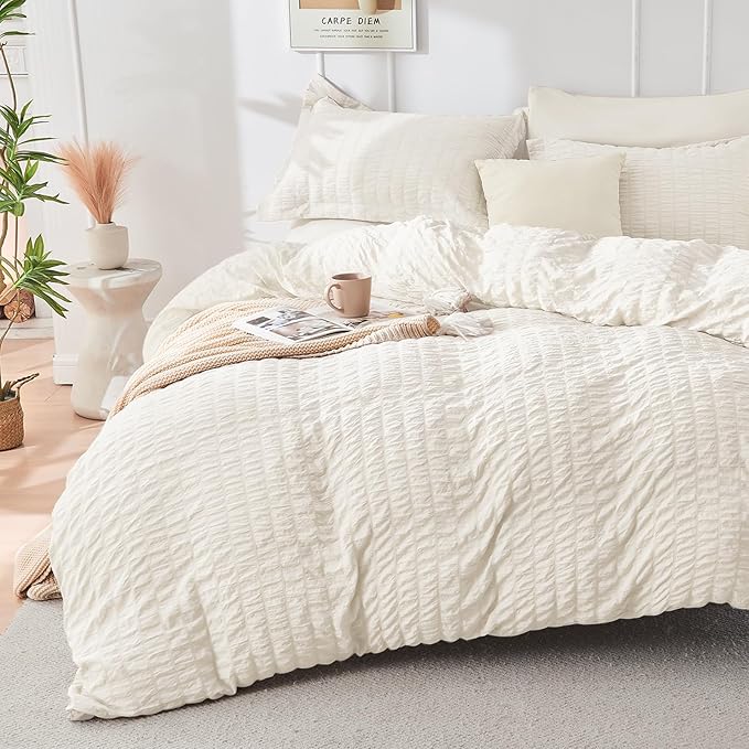 HYMOKEGE Ivory Oversized King Comforter Set Seersucker 7 Pieces, All Season - Image 2