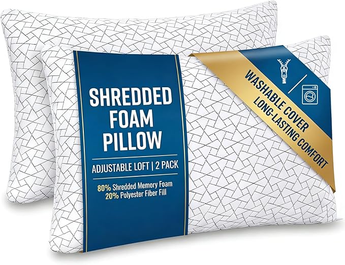 Meoflaw Adjustable Memory Foam Pillows: 2 Pack Queen Size Shredded Foam Bed by Meoflaw