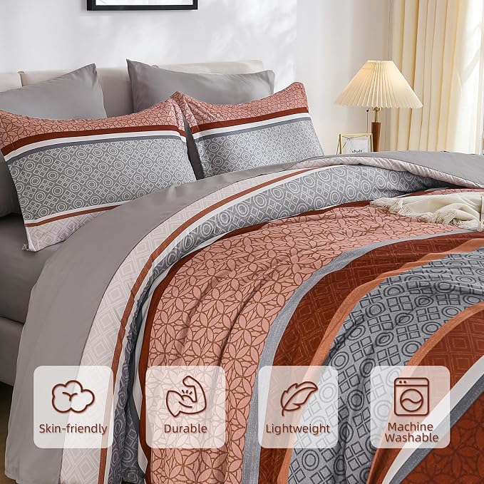 WONGS BEDDING 7 Pieces Comforter Set Queen Size, Burnt Orange Striped Bed in a - Image 4