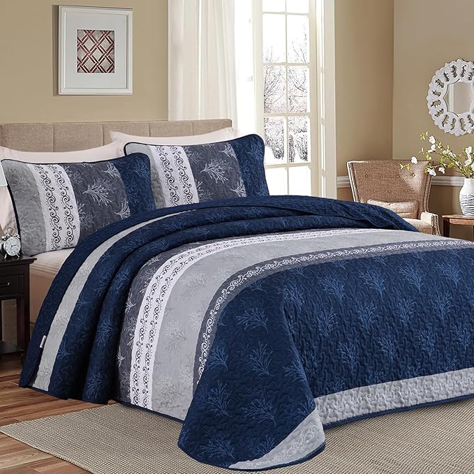 DJY Stripe Quilt Set King Size Navy Blue Bedspread Coverlet Set 3 Pieces Boho by HOME