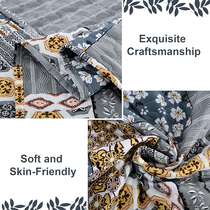 Mybedsoul Dark Grey Quilt Set King Size, 3 Pieces Plaid Floral Bedspread Set - Image 4