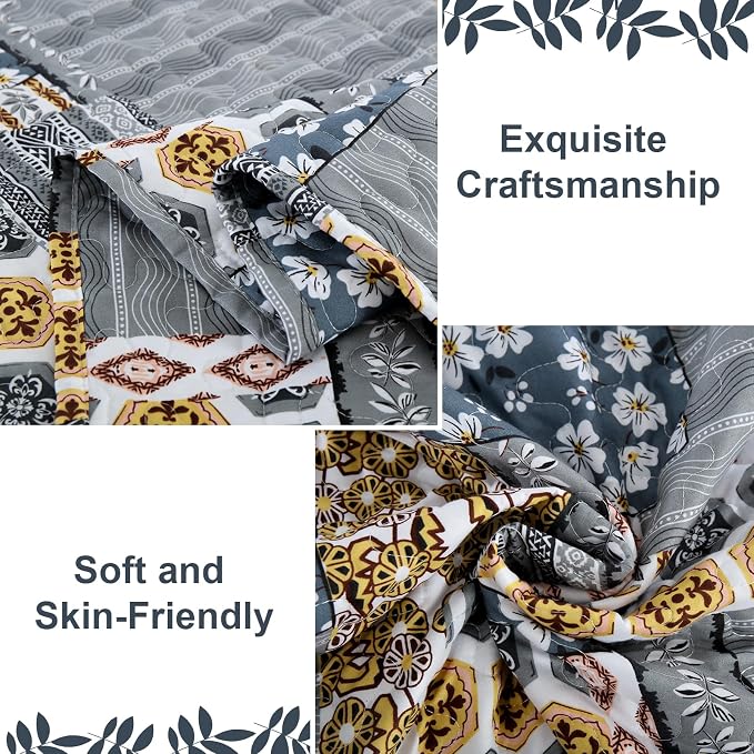 Mybedsoul Dark Grey Quilt Set Queen Size, 3 Pieces Plaid Floral Bedspread Set - Image 4