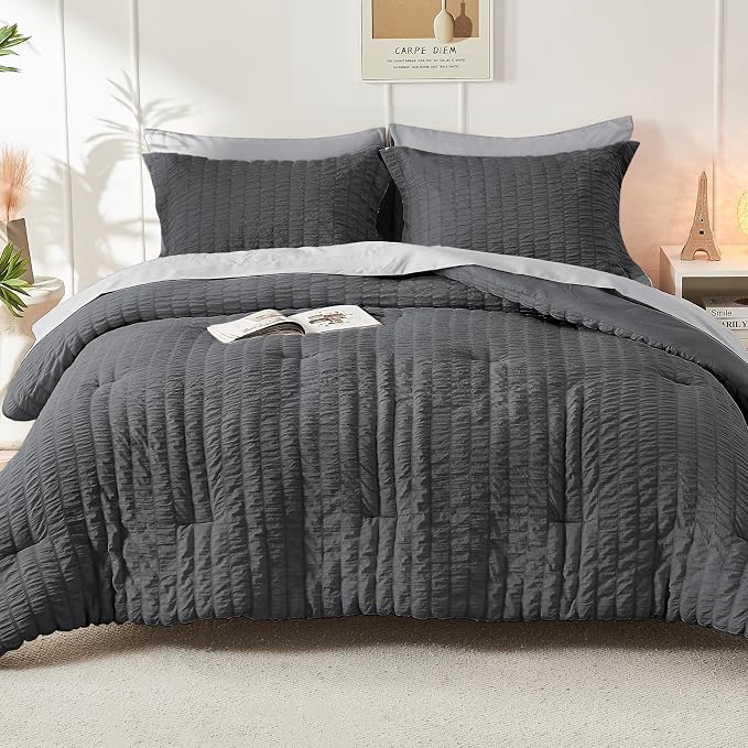 HYMOKEGE Dark Grey/Light Grey Twin Comforter Set Seersucker 5 Pieces, All - Image 7