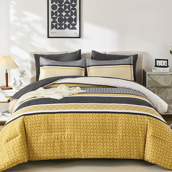 WONGS BEDDING Yellow Grey King Comforter Set 7 Pieces, Boho Striped Bed in a - Image 2
