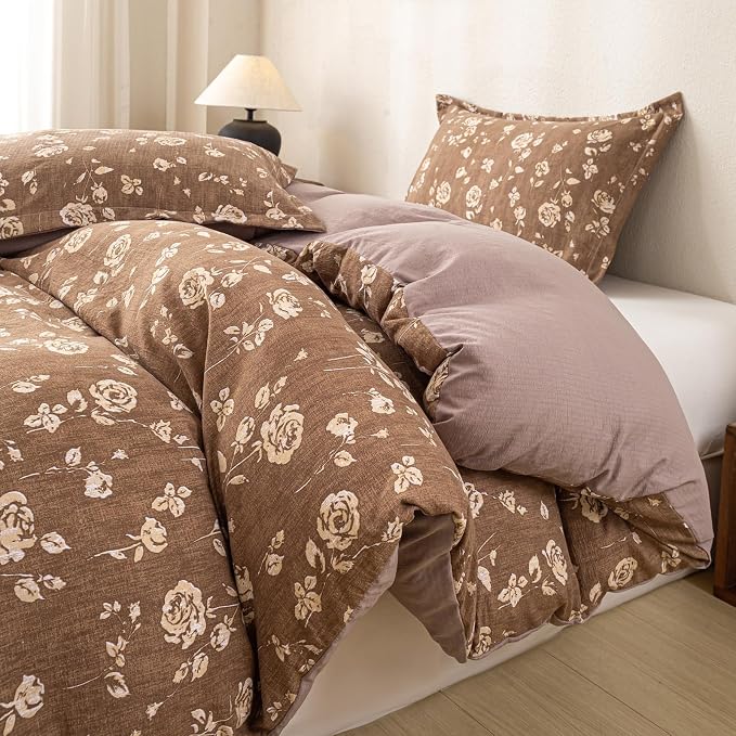 OAITE Brown Flower Twin Size Duvet Cover-3 Pieces Prewashed Cotton-Like - Image 3