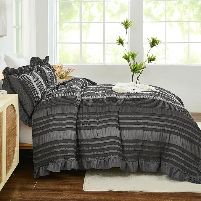 WONGS BEDDING Queen Comforter Set, Dark Grey Boho Comforter Set Queen, Shabby - Image 3