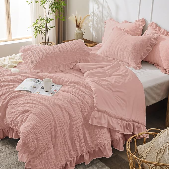 JOLLYVOGUE Queen Comforter Set, 3 Pieces Rose Gold Seersucker Comforters Queen - Image 7