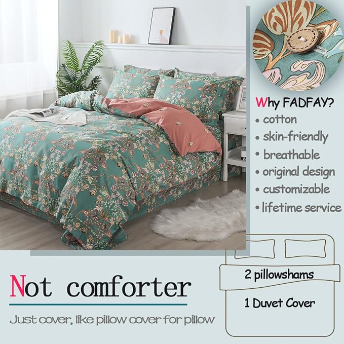 FADFAY Floral Duvet Cover Queen Button Closure 100% Cotton 600 TC Teal - Image 2