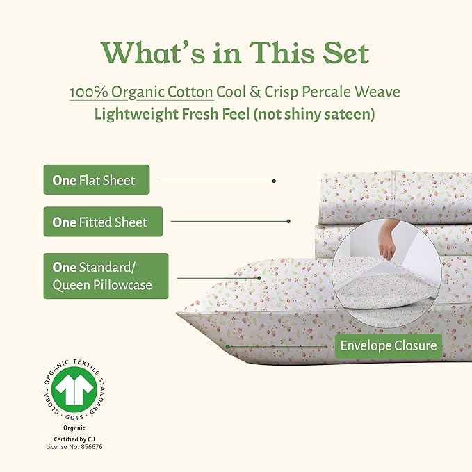 California Design Den Twin Floral Sheet Set, 100% Organic Cotton Percale Sheets - Image 5