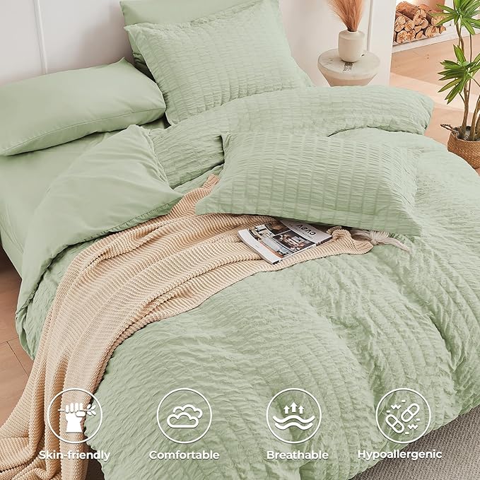 HYMOKEGE Light Green Full Size Comforter Sets Seersucker 7 Pieces, All Season - Image 3