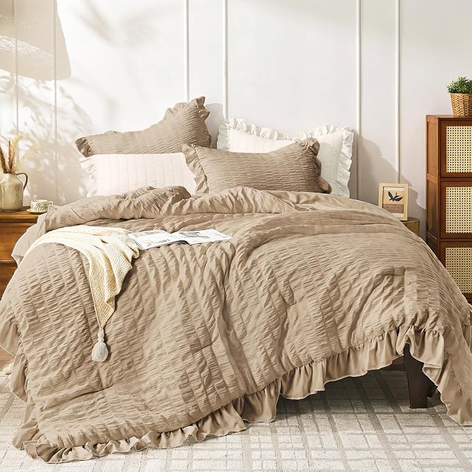 JOLLYVOGUE Twin Size Comforter Set, 2 Pieces Khaki Seersucker Lightweight by JOLLYVOGUE