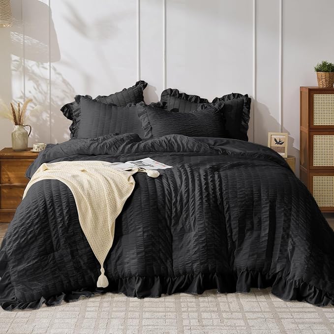 JOLLYVOGUE Black Twin Size Comforter Set, 2 Pieces Seersucker Lightweight by JOLLYVOGUE