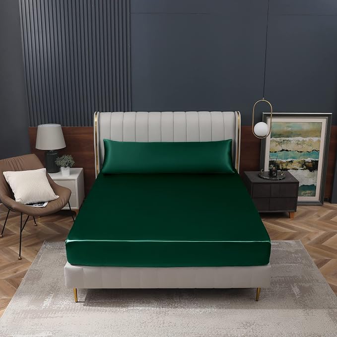 Homiest Blackish Green Satin Fitted Sheet King Size, Deep Pocket, Luxury & - Image 8