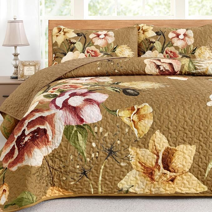 Drucon Brown Floral Quilt Set King Size 3 Pieces Brown Botanical Flower Quilt - Image 6