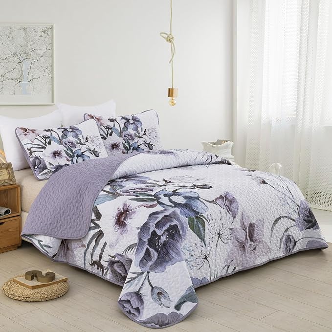 Drucon Purple Floral Quilt Set Queen Size 3 Pieces Purple Botanical Flower - Image 2