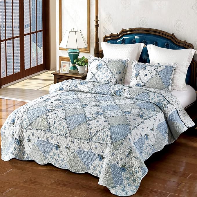 VIVILINEN Blue Floral Patchwork Quilt Set, Full Queen Size, 3 Piece Bedding Set - Image 8