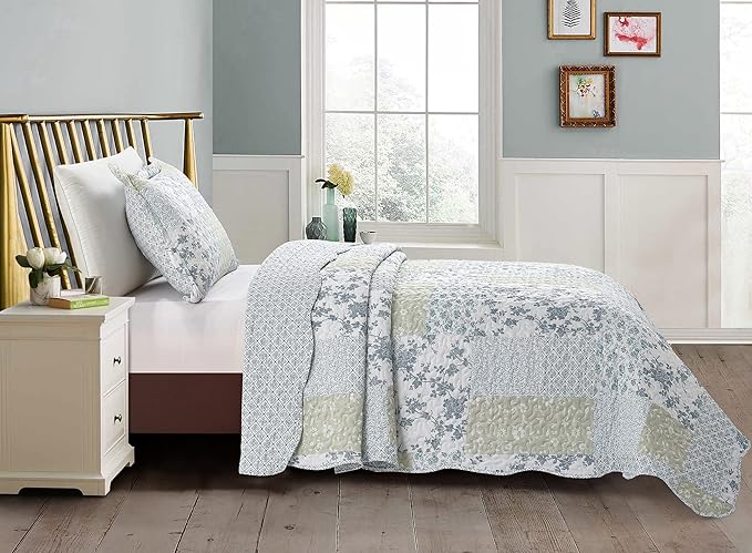 Brilliant Sunshine Multi Blue and Beige Floral Patchwork, 2-Piece Quilt Set - Image 2