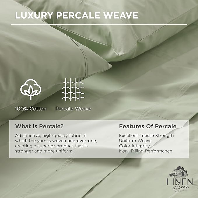 Linen Home 100% Cotton Percale Weave Fitted Sheet, Queen Size, 1 Deep Pocket - Image 2