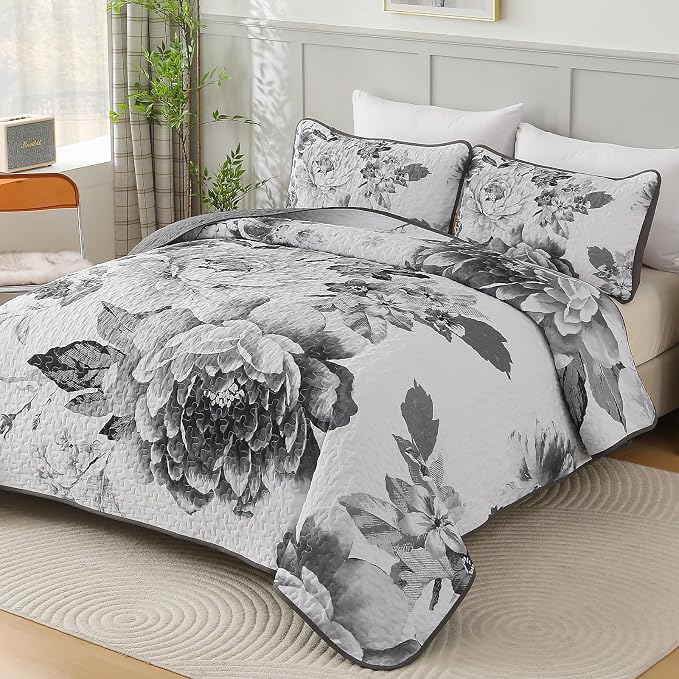 WONGS BEDDING Grey Boho Floral Quilt Set Queen, Elegant Gray Flower Bedspread - Image 2