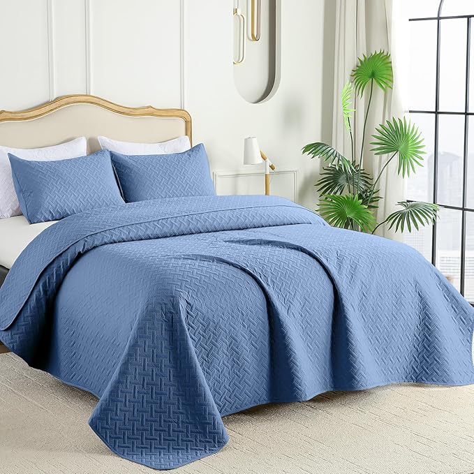 FLYMME King Size Quilt Bedding Set Bluish Grey Lightweight Bedspreads - Image 2