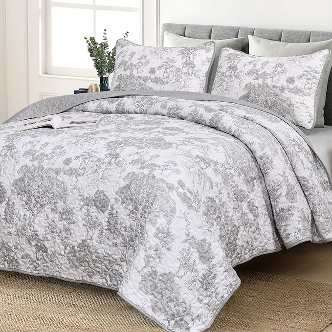 WONGS BEDDING Grey Quilt Set Full Size, 3 Pieces Botanical Bedspreads Set by WONGSBEDDING