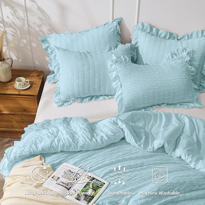 JOLLYVOGUE Light Blue King Size Comforter Set, 3 Pieces Seersucker Comforter - Image 2