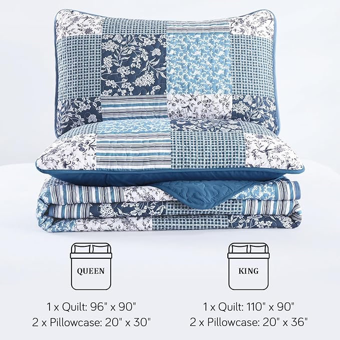 Mybedsoul Navy Blue Quilt Set Queen Size, 3 Pieces Plaid Floral Bedspread Set - Image 7