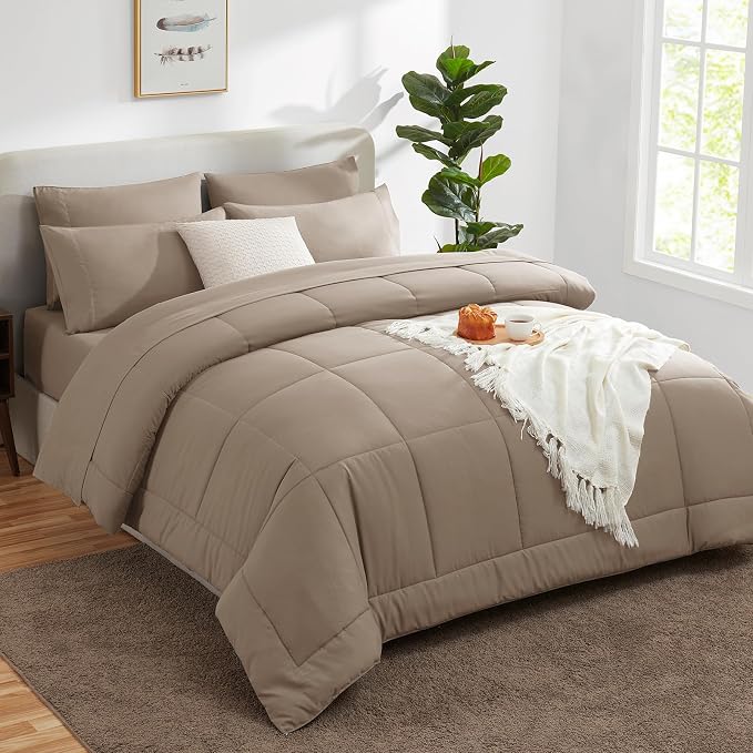 CozyLux Full Size Comforter Sets Khaki, 7 Pieces Bed in a Bag, Khaki Comforter - Image 8