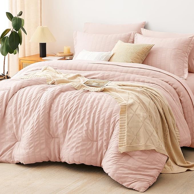 CozyLux Oversized King Comforter Set Blush Pink Seersucker 7 Pieces 120x98 Bed by CozyLux