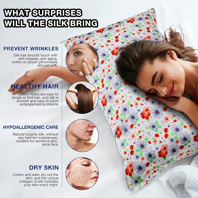 MANSPHIL Red White Cute Flowers Silk Pillowcase Standard Size, 22 Momme 100% - Image 4