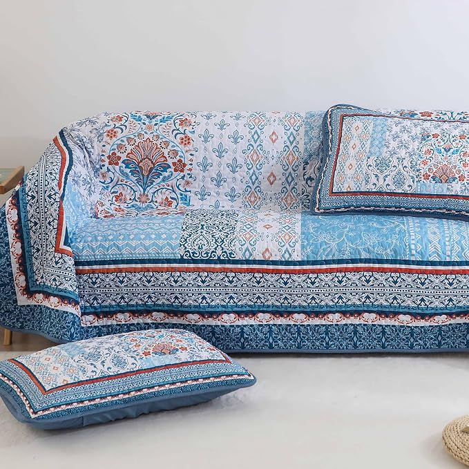 WONGS BEDDING Blue Quilt Set Queen Size, Bohemian Patchwork Bedspread Coverlet - Image 8