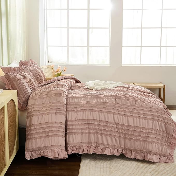 WONGS BEDDING Pink Comforter Set King, 3 Pieces Ruffle Farmhouse Shabby Chic - Image 3