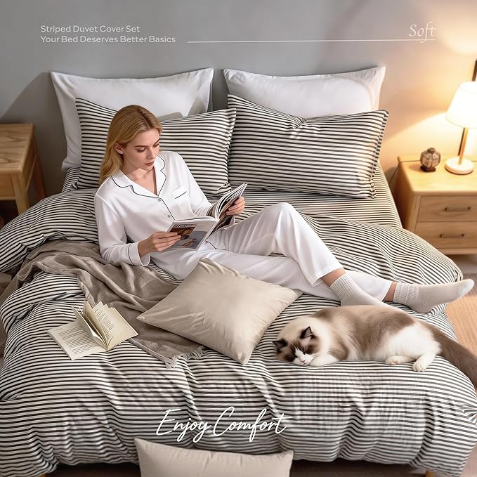 JELLYMONI 100% Natural Cotton 3pcs Striped Duvet Cover Sets, - Image 4