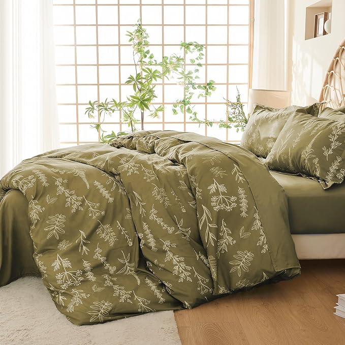 MUXHOMO Duvet Cover Queen Size, Reversible Floral Olive Green Duvet Cover Set - Image 2