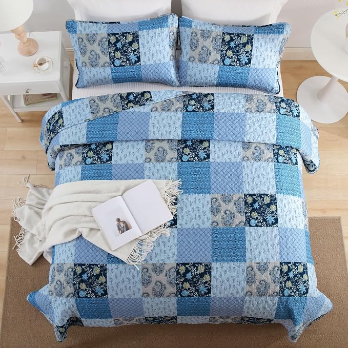 Xruibed Blue Quilt Set King Size 3 Pieces Plaid Floral Boho Bedspread Coverlet - Image 3
