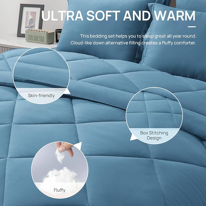 Love's cabin King Size Comforter Set Misty Blue, 7 Pieces King Bed in a Bag - Image 5