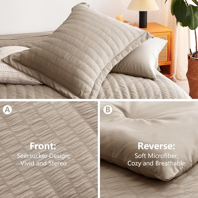 CozyLux Queen Comforter Set Khaki Seersucker 7 Pieces Bed in a Bag Queen - Image 4