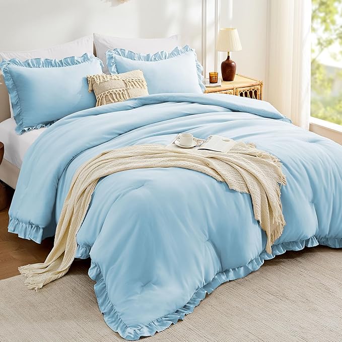 FUANNA Full Size Comforter Sets Light Blue, 3 Pieces Ruffle Full Size Bedding by FUANNA