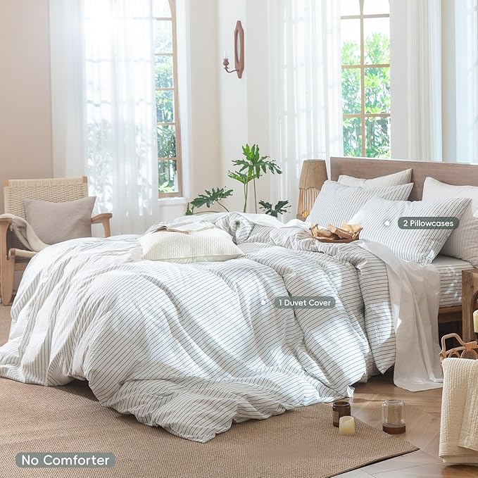 MooMee Striped Duvet Cover Set 100% Washed Cotton Linen Like Textured - Image 2